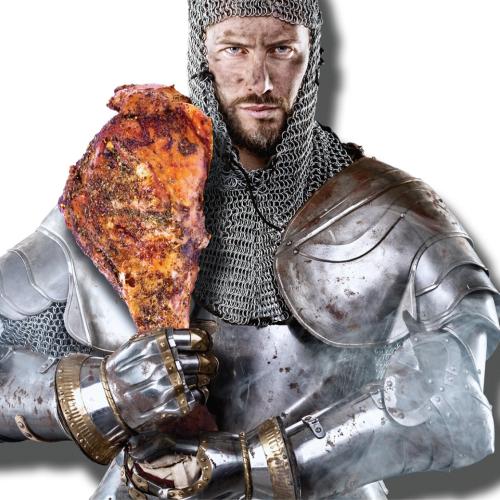 Knight holding an oversized roasted turkey leg like a club.