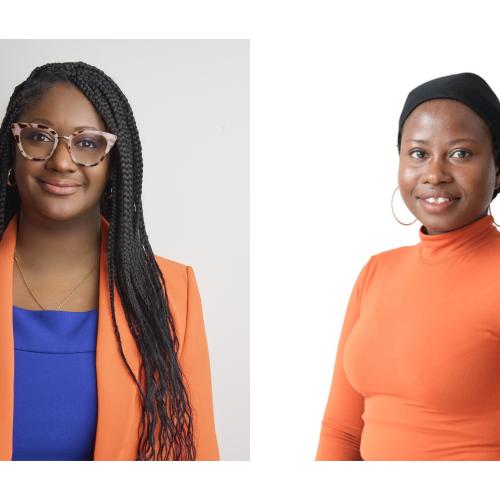 Two Black female panelists shown in portrait smiling