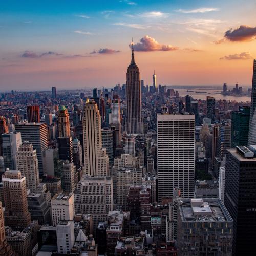 Manhattan skyline at sunset.