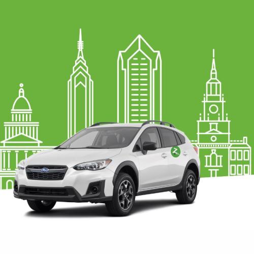 Zipcar against illustration of city skyline